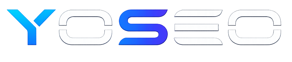 Logo Yoseo Design în stil futurist, cu efecte neon albastre și mov, reprezentând o agenție premium Shopify Partner și dezvoltare eCommerce.